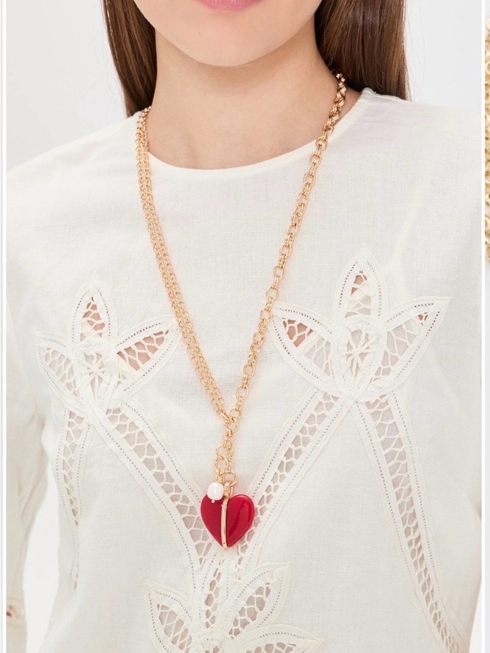Roxanne Assoulin Gold Chain Necklace with Red Heart and Pearl Charm - Picture 3 of 5